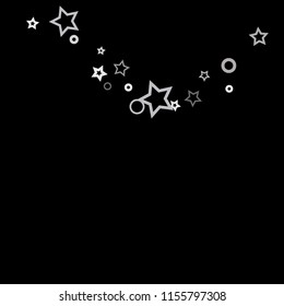 Silver, gray, stars, sprocket, shiny confetti. Scattered little sparkling, flashing glitter elements. Random stellar falling on black background. New Year, Christmas background. Vector illustration.