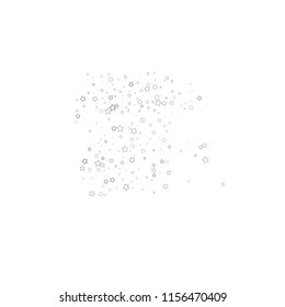 Silver, gray, stars, sprocket, shiny confetti. Scattered little sparkling, flashing glitter elements. Random stellar falling on white background. New Year, Christmas background. Vector illustration.