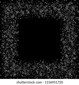 Silver, gray, stars, sprocket, shiny confetti. Scattered little sparkling, flashing glitter elements. Random stellar falling on black background. New Year, Christmas background. Vector illustration.