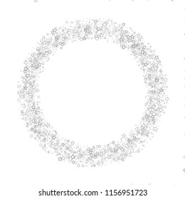Silver, gray, stars, sprocket, shiny confetti. Scattered little sparkling, flashing glitter elements. Random stellar falling on white background. New Year, Christmas background. Vector illustration.