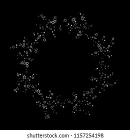 Silver, gray, stars, sprocket, shiny confetti. Scattered little sparkling, flashing glitter elements. Random stellar falling on black background. New Year, Christmas background. Vector illustration.