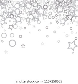Silver, gray, stars, sprocket, shiny confetti. Scattered little sparkling, flashing glitter elements. Random stellar falling on white background. New Year, Christmas background. Vector illustration.