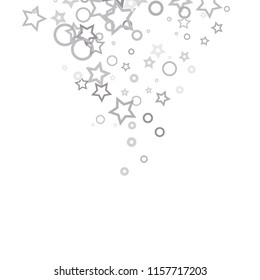 Silver, gray, stars, sprocket, shiny confetti. Scattered little sparkling, flashing glitter elements. Random stellar falling on white background. New Year, Christmas background. Vector illustration.