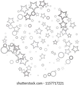 Silver, gray, stars, sprocket, shiny confetti. Scattered little sparkling, flashing glitter elements. Random stellar falling on white background. New Year, Christmas background. Vector illustration.