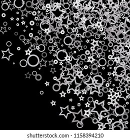 Silver, gray, stars, sprocket, shiny confetti. Scattered little sparkling, flashing glitter elements. Random stellar falling on black background. New Year, Christmas background. Vector illustration.