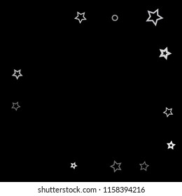 Silver, gray, stars, sprocket, shiny confetti. Scattered little sparkling, flashing glitter elements. Random stellar falling on black background. New Year, Christmas background. Vector illustration.