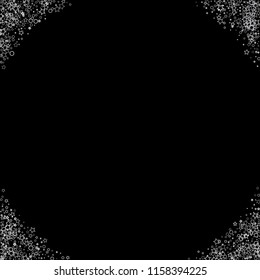Silver, gray, stars, sprocket, shiny confetti. Scattered little sparkling, flashing glitter elements. Random stellar falling on black background. New Year, Christmas background. Vector illustration.