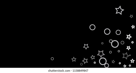 Silver, gray, stars, sprocket, shiny confetti. Scattered little sparkling, flashing glitter elements. Random stellar falling on black background. New Year, Christmas background. Vector illustration.