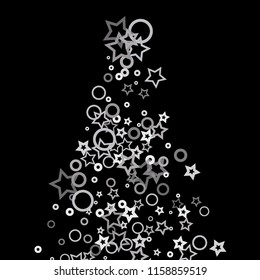 Silver, gray, stars, sprocket, shiny confetti. Scattered little sparkling, flashing glitter elements. Random stellar falling on black background. New Year, Christmas background. Vector illustration.