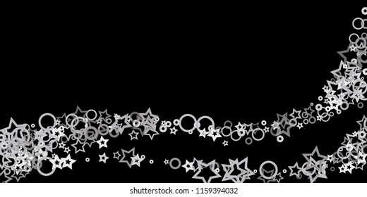 Silver, gray, stars, sprocket, shiny confetti. Scattered little sparkling, flashing glitter elements. Random stellar falling on black background. New Year, Christmas background. Vector illustration.