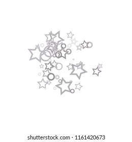 Silver, gray, stars, sprocket, shiny confetti. Scattered little sparkling, flashing glitter elements. Random stellar falling on white background. New Year, Christmas background. Vector illustration.