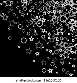 Silver, gray, stars, sprocket, shiny confetti. Scattered little sparkling, flashing glitter elements. Random stellar falling on black background. New Year, Christmas background. Vector illustration.