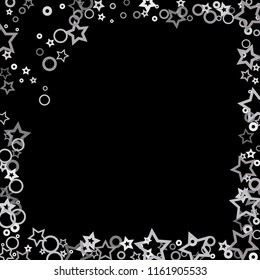 Silver, gray, stars, sprocket, shiny confetti. Scattered little sparkling, flashing glitter elements. Random stellar falling on black background. New Year, Christmas background. Vector illustration.