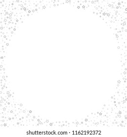 Silver, gray, stars, sprocket, shiny confetti. Scattered little sparkling, flashing glitter elements. Random stellar falling on white background. New Year, Christmas background. Vector illustration.