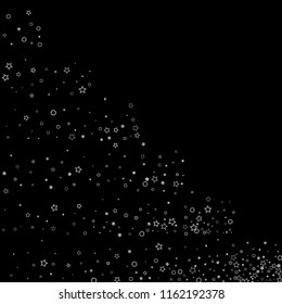 Silver, gray, stars, sprocket, shiny confetti. Scattered little sparkling, flashing glitter elements. Random stellar falling on black background. New Year, Christmas background. Vector illustration.