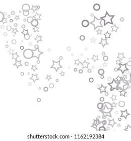 Silver, gray, stars, sprocket, shiny confetti. Scattered little sparkling, flashing glitter elements. Random stellar falling on white background. New Year, Christmas background. Vector illustration.