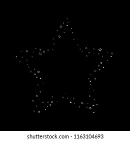 Silver, gray, stars, sprocket, shiny confetti. Scattered little sparkling, flashing glitter elements. Random stellar falling on black background. New Year, Christmas background. Vector illustration.