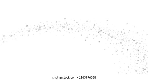 Silver, gray, stars, sprocket, shiny confetti. Scattered little sparkling, flashing glitter elements. Random stellar falling on white background. New Year, Christmas background. Vector illustration.