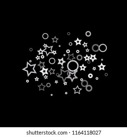 Silver, gray, stars, sprocket, shiny confetti. Scattered little sparkling, flashing glitter elements. Random stellar falling on black background. New Year, Christmas background. Vector illustration.