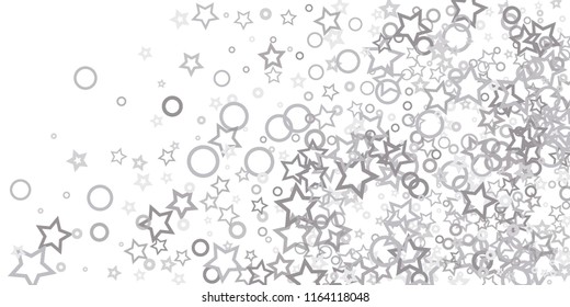 Silver, gray, stars, sprocket, shiny confetti. Scattered little sparkling, flashing glitter elements. Random stellar falling on white background. New Year, Christmas background. Vector illustration.