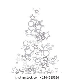 Silver, gray, stars, sprocket, shiny confetti. Scattered little sparkling, flashing glitter elements. Random stellar falling on white background. New Year, Christmas background. Vector illustration.