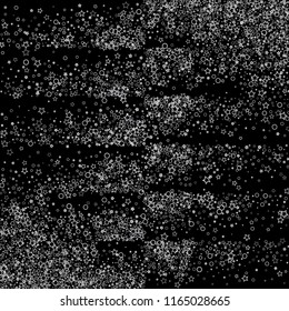 Silver, gray, stars, sprocket, shiny confetti. Scattered little sparkling, flashing glitter elements. Random stellar falling on black background. New Year, Christmas background. Vector illustration.