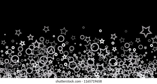 Silver, gray, stars, sprocket, shiny confetti. Scattered little sparkling, flashing glitter elements. Random stellar falling on black background. New Year, Christmas background. Vector illustration.