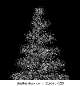 Silver, gray, stars, sprocket, shiny confetti. Scattered little sparkling, flashing glitter elements. Random stellar falling on black background. New Year, Christmas background. Vector illustration.