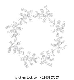 Silver, gray, stars, sprocket, shiny confetti. Scattered little sparkling, flashing glitter elements. Random stellar falling on white background. New Year, Christmas background. Vector illustration.