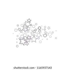 Silver, gray, stars, sprocket, shiny confetti. Scattered little sparkling, flashing glitter elements. Random stellar falling on white background. New Year, Christmas background. Vector illustration.
