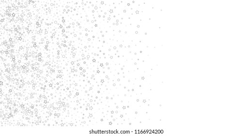 Silver, gray, stars, sprocket, shiny confetti. Scattered little sparkling, flashing glitter elements. Random stellar falling on white background. New Year, Christmas background. Vector illustration.