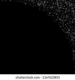 Silver, gray, stars, sprocket, shiny confetti. Scattered little sparkling, flashing glitter elements. Random stellar falling on black background. New Year, Christmas background. Vector illustration.