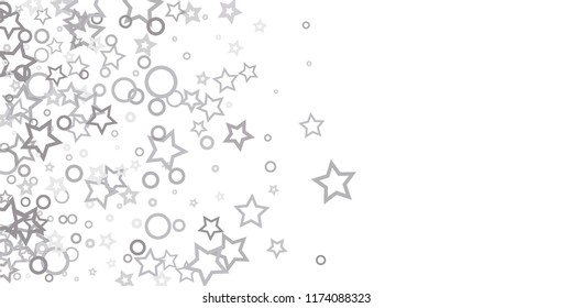 Silver, gray, stars, sprocket, shiny confetti. Scattered little sparkling, flashing glitter elements. Random stellar falling on white background. New Year, Christmas background. Vector illustration.