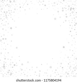 Silver, gray, stars, sprocket, shiny confetti. Scattered little sparkling, flashing glitter elements. Random stellar falling on white background. New Year, Christmas background. Vector illustration.