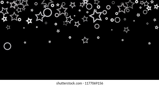 Silver, gray, stars, sprocket, shiny confetti. Scattered little sparkling, flashing glitter elements. Random stellar falling on black background. New Year, Christmas background. Vector illustration.