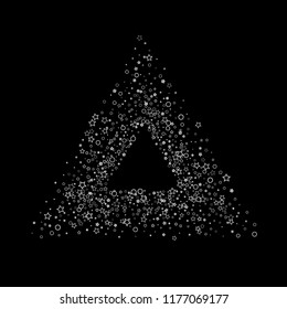 Silver, gray, stars, sprocket, shiny confetti. Scattered little sparkling, flashing glitter elements. Random stellar falling on black background. New Year, Christmas background. Vector illustration.