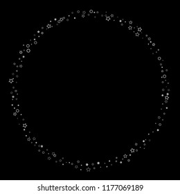 Silver, gray, stars, sprocket, shiny confetti. Scattered little sparkling, flashing glitter elements. Random stellar falling on black background. New Year, Christmas background. Vector illustration.