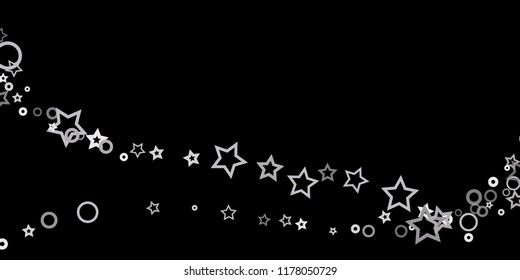 Silver, gray, stars, sprocket, shiny confetti. Scattered little sparkling, flashing glitter elements. Random stellar falling on black background. New Year, Christmas background. Vector illustration.