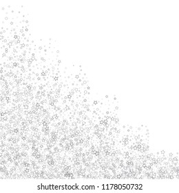 Silver, gray, stars, sprocket, shiny confetti. Scattered little sparkling, flashing glitter elements. Random stellar falling on white background. New Year, Christmas background. Vector illustration.