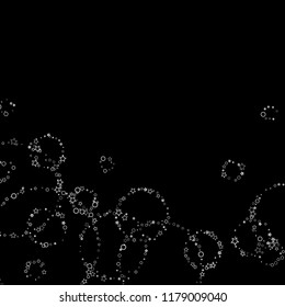 Silver, gray, stars, sprocket, shiny confetti. Scattered little sparkling, flashing glitter elements. Random stellar falling on black background. New Year, Christmas background. Vector illustration.