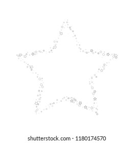 Silver, gray, stars, sprocket, shiny confetti. Scattered little sparkling, flashing glitter elements. Random stellar falling on white background. New Year, Christmas background. Vector illustration.