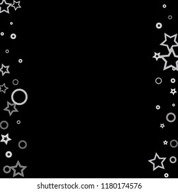 Silver, gray, stars, sprocket, shiny confetti. Scattered little sparkling, flashing glitter elements. Random stellar falling on black background. New Year, Christmas background. Vector illustration.