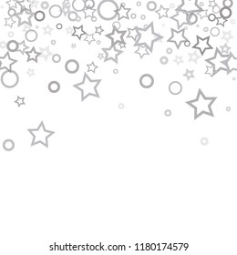 Silver, gray, stars, sprocket, shiny confetti. Scattered little sparkling, flashing glitter elements. Random stellar falling on white background. New Year, Christmas background. Vector illustration.