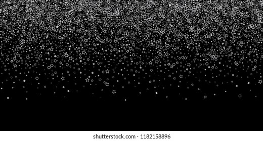 Silver, gray, stars, sprocket, shiny confetti. Scattered little sparkling, flashing glitter elements. Random stellar falling on black background. New Year, Christmas background. Vector illustration.