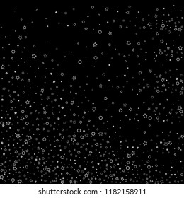 Silver, gray, stars, sprocket, shiny confetti. Scattered little sparkling, flashing glitter elements. Random stellar falling on black background. New Year, Christmas background. Vector illustration.