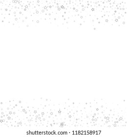 Silver, gray, stars, sprocket, shiny confetti. Scattered little sparkling, flashing glitter elements. Random stellar falling on white background. New Year, Christmas background. Vector illustration.