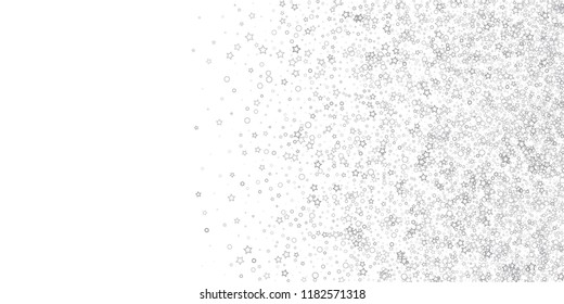 Silver, gray, stars, sprocket, shiny confetti. Scattered little sparkling, flashing glitter elements. Random stellar falling on white background. New Year, Christmas background. Vector illustration.