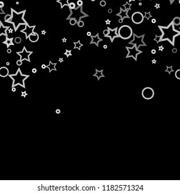 Silver, gray, stars, sprocket, shiny confetti. Scattered little sparkling, flashing glitter elements. Random stellar falling on black background. New Year, Christmas background. Vector illustration.