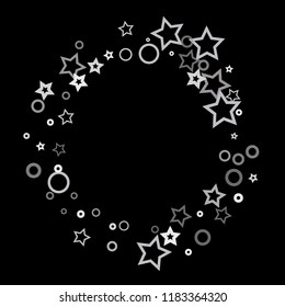 Silver, gray, stars, sprocket, shiny confetti. Scattered little sparkling, flashing glitter elements. Random stellar falling on black background. New Year, Christmas background. Vector illustration.