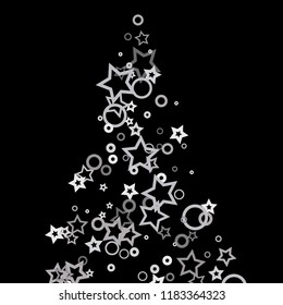 Silver, gray, stars, sprocket, shiny confetti. Scattered little sparkling, flashing glitter elements. Random stellar falling on black background. New Year, Christmas background. Vector illustration.